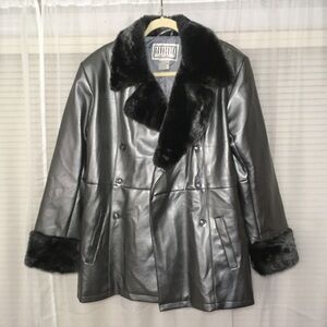Vintage 90s Y2K BB Dakota Grey Metallic Faux Leather Fur Trim Penny Lane Coat L